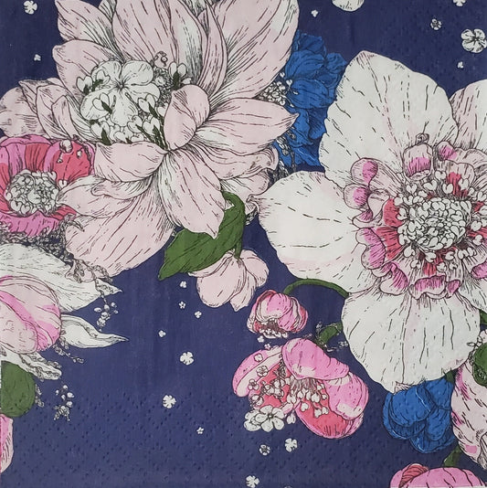 Pink Flowers Midnight Garden Paper Napkin - Cocktail Size