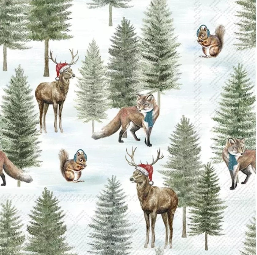 Christmas Fox Deer Animals Paper Napkin - Luncheon Size