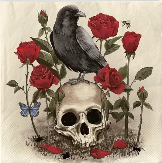 Halloween Skull Crow Roses Paper Napkin - Luncheon Size