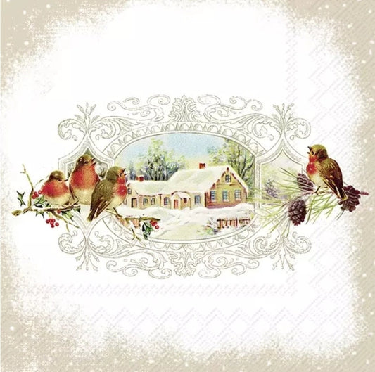 Christmas Village & Birds Paper Napkin - Luncheon Size