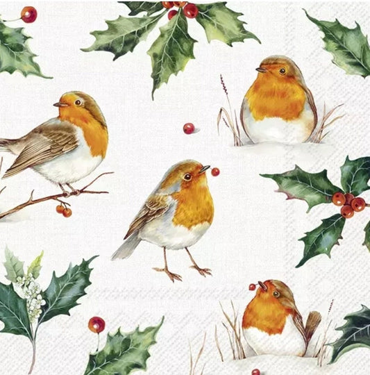 Christmas Robin Birds & Holly Paper Napkin -Luncheon Size