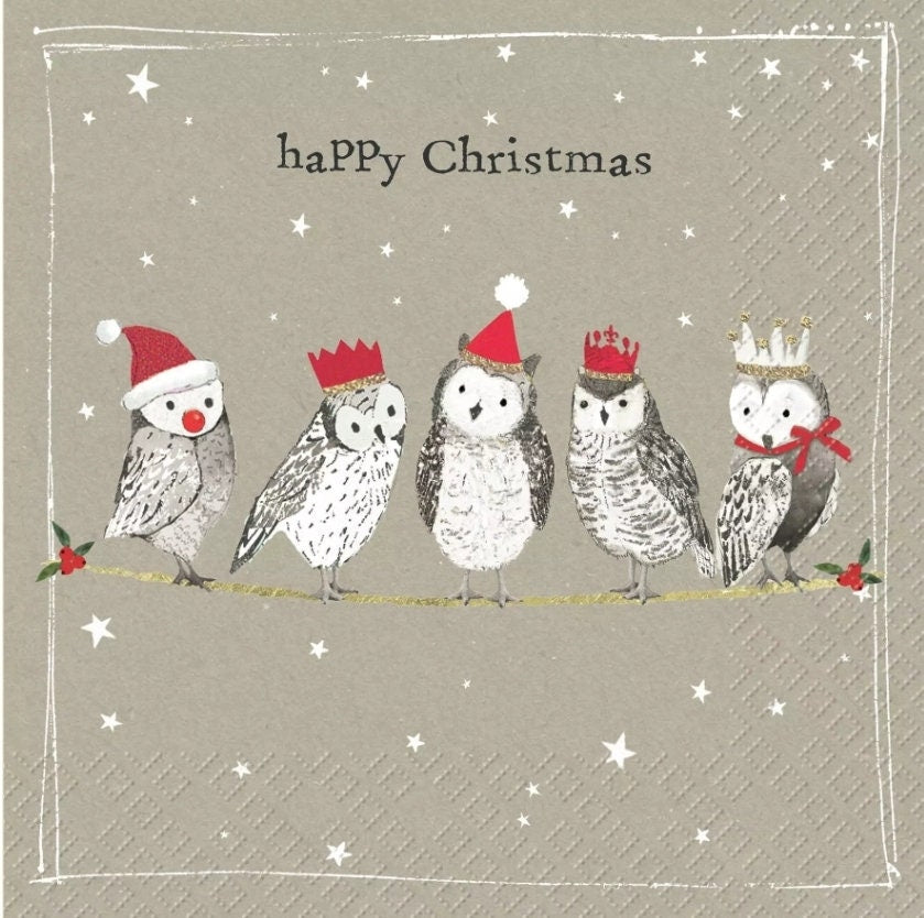 Happy Christmas Owl Family Paper Napkin - Luncheon Size