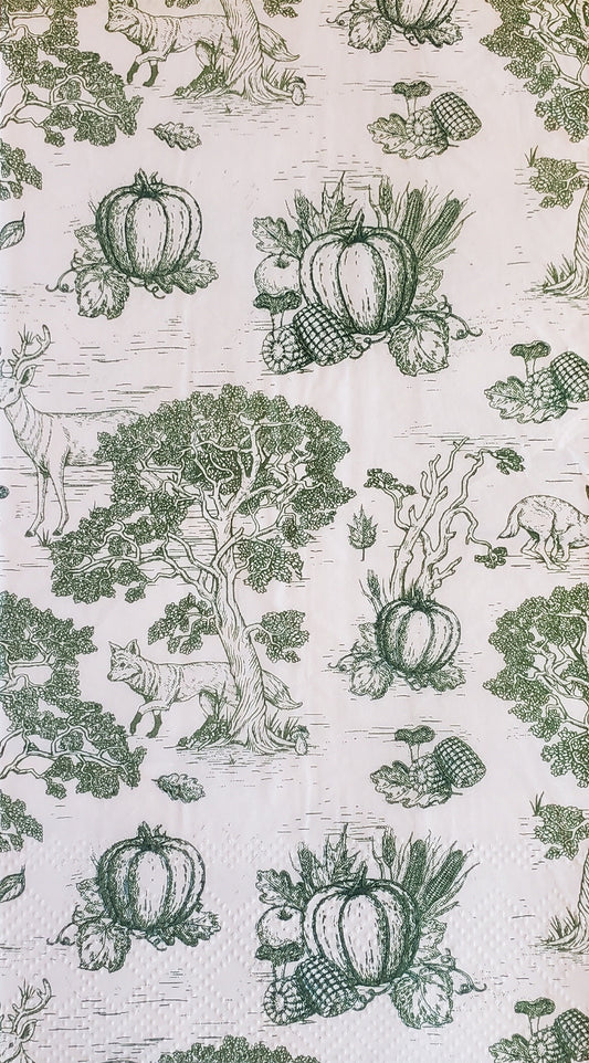 Green Pumpkin Toile Fox Deer Rabbit Paper Napkin -  Guest Size
