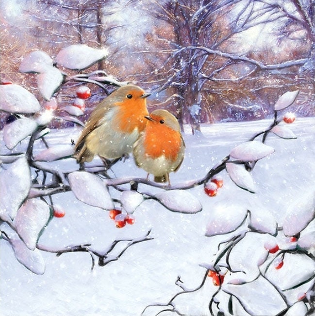 Christmas Robin Birds in Snow Paper Napkin - Cocktail Size