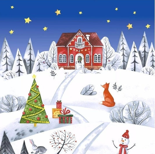 Christmas House & Snowman  Paper Napkin - Cocktail Size