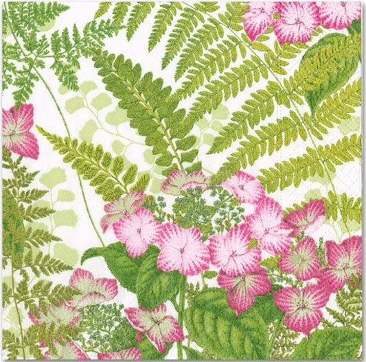 Fern & Pink Flowers Paper Napkin - Cocktail Size