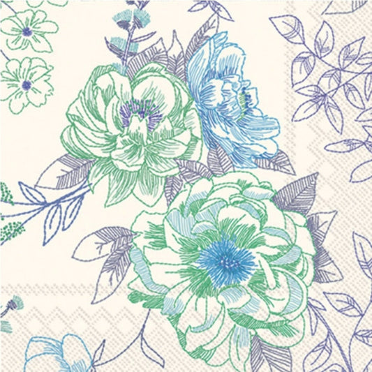 Blue Rose & Cream Paper Napkin - Cocktail Size