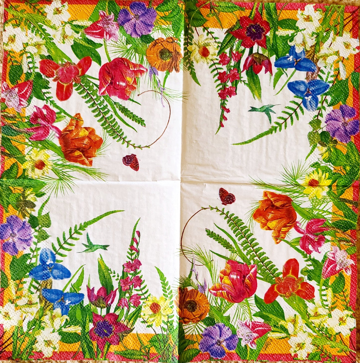 Tulip Fern Flower Floral Collage Paper Napkin - Cocktail Size