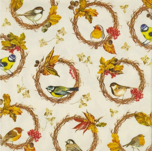 Fall Birds in Wreath Paper Napkin - Cocktail Size