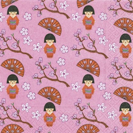 Geisha Fan Cherry Blossom Paper Napkin - Luncheon Size