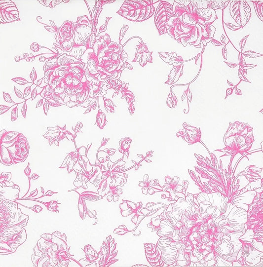 Pink Toile Floral  Paper Napkin - Cocktail Size