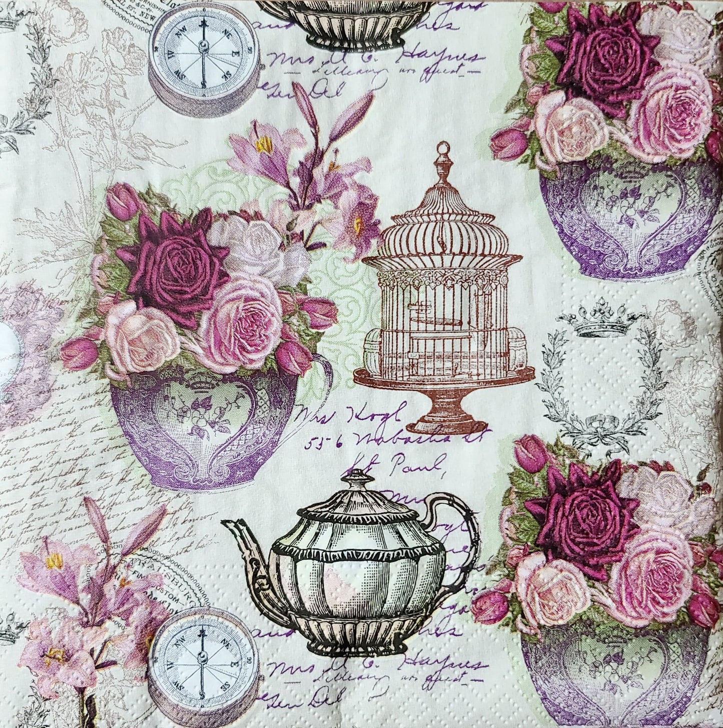 Teapot Roses & Birdcage Paper Napkin - Luncheon Size