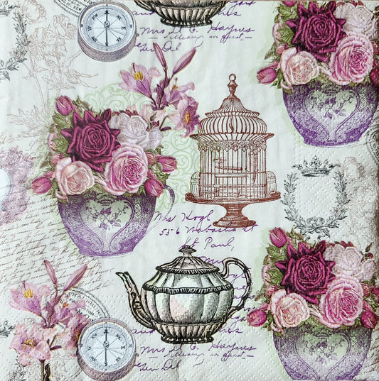 Teapot Roses & Birdcage Paper Napkin - Luncheon Size