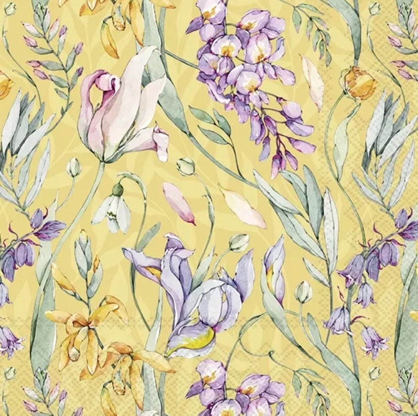 Yellow & Purple Floral Paper Napkin - Luncheon Size