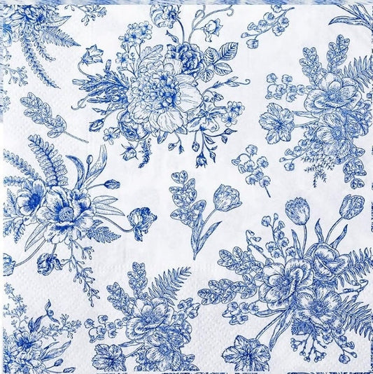 Blue & White Toile Rose Paper Napkin - Luncheon Size