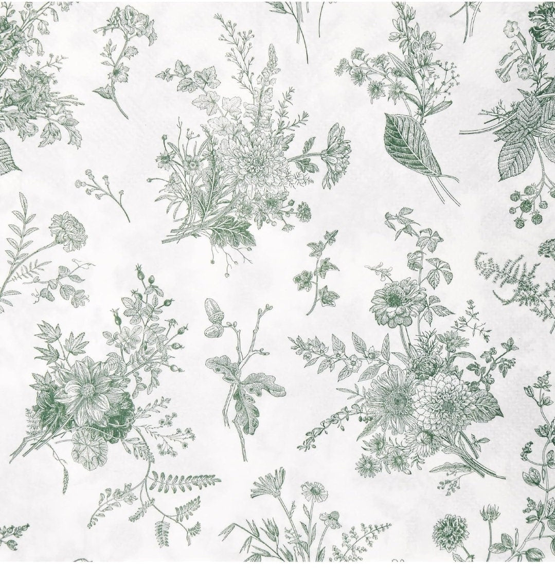 Green Toile Flowers Paper Napkin - Luncheon Size