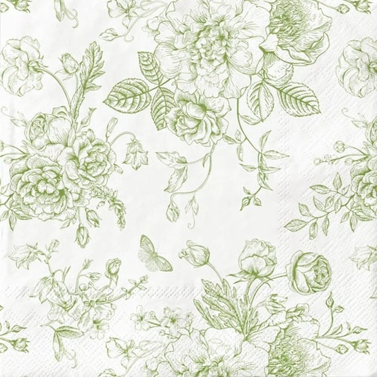 Green Rose Toile Paper Napkin - Luncheon Size