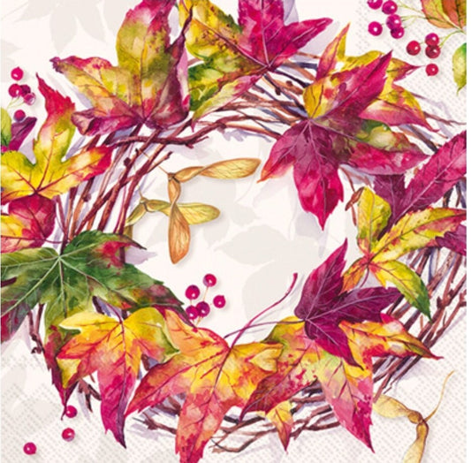 Fall Wreath Leaf Leaves Paper Napkin - Cocktail Size