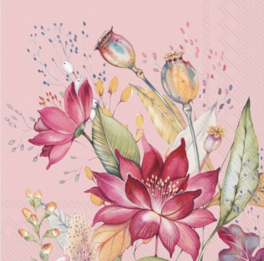 Fall Floral Pink Pod Flowers Paper Napkin - Cocktail Size