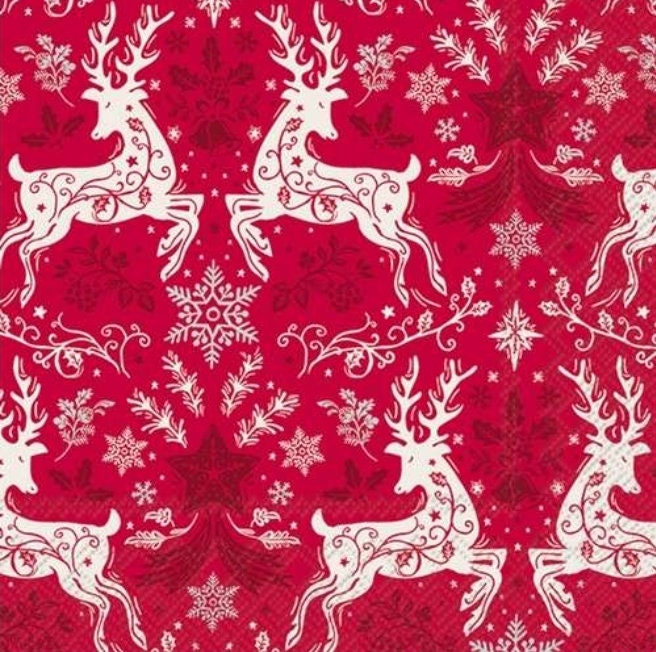 Red Nordic Reindeer  Paper Napkin - Luncheon Size