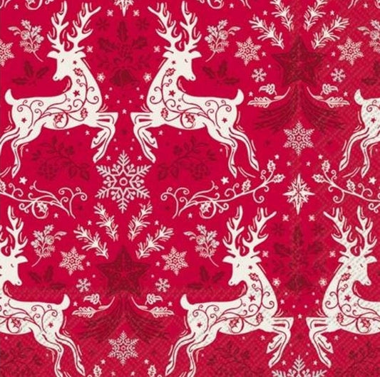 Red Nordic Reindeer  Paper Napkin - Luncheon Size
