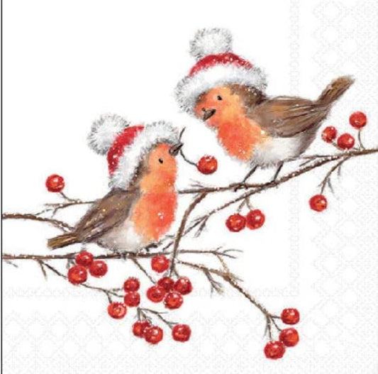 Christmas Robin & Santa Hats Paper Napkin - Cocktail Size