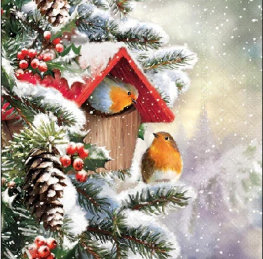 Christmas Robin Birdhouse Paper Napkin - Cocktail Size