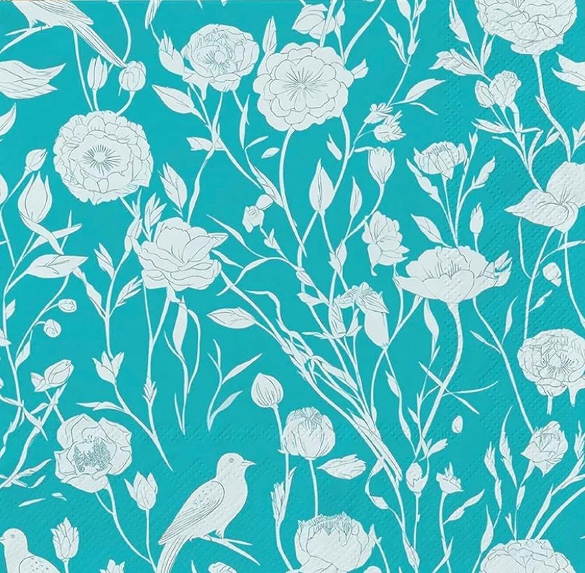 Teal Flower & Bird Paper Napkin - Luncheon Size