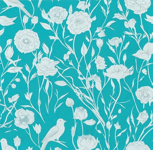Teal Flower & Bird Paper Napkin - Luncheon Size