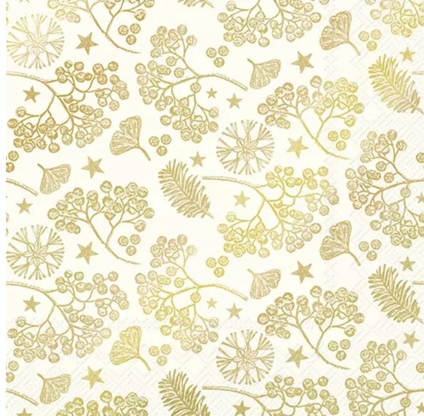 Christmas Gold Holly Ginkgo Leaves Berries Snowflakes Paper Napkin - Luncheon Size
