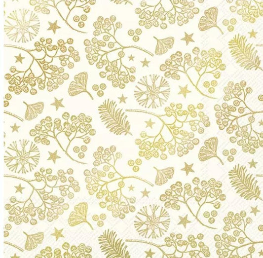 Christmas Gold Holly Ginkgo Leaves Berries Snowflakes Paper Napkin - Luncheon Size