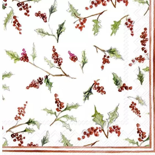 Christmas & Holly Berries Paper Napkin - Luncheon Size
