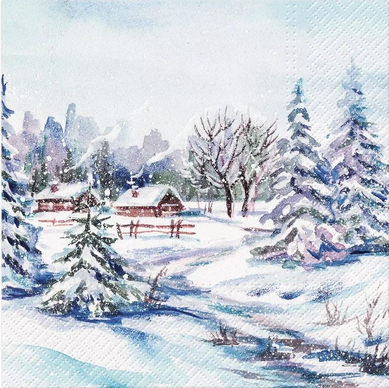 Christmas Farm Snowy Winter Scene Paper Napkin -Luncheon Size
