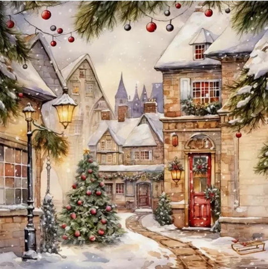 Christmas Village Church Snowy Paper Napkin -Luncheon Size