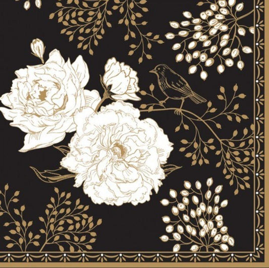 White Rose Birds Art Deco Gold Napkin - Luncheon Size