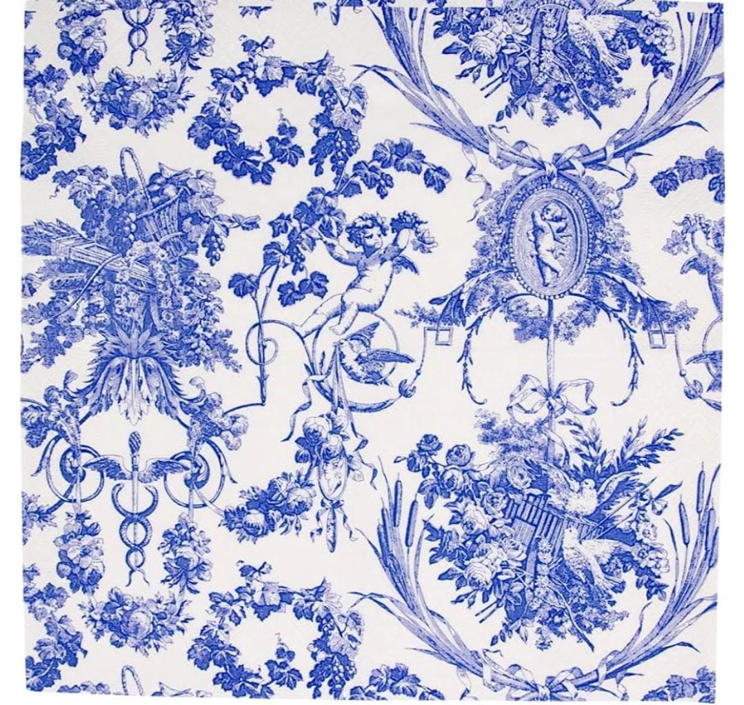 Blue Toile Angel Floral  Paper Napkin - Cocktail Size