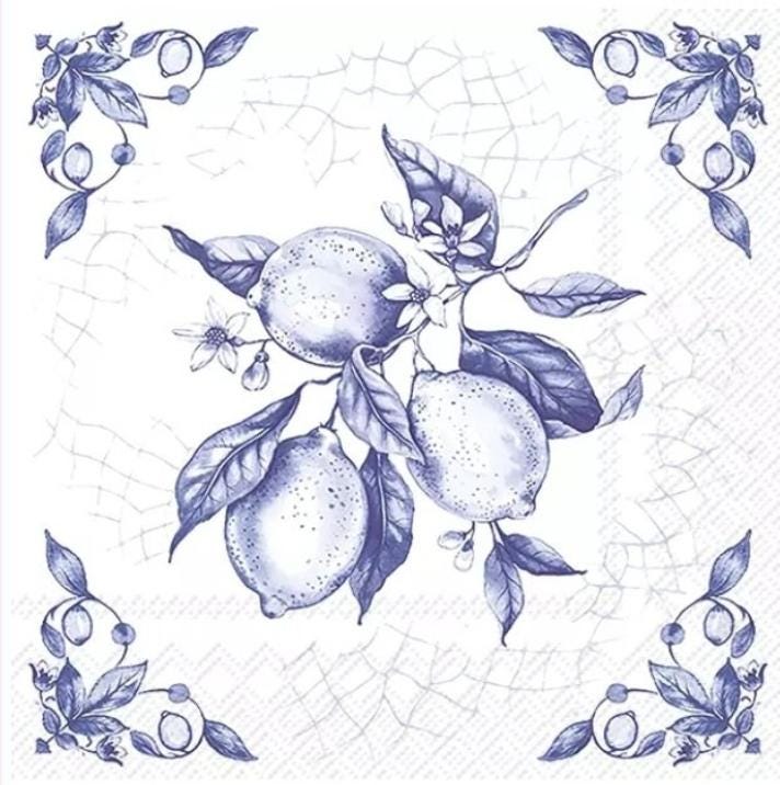 Blue & White Lemon Tile Paper Napkin - Cocktail Size