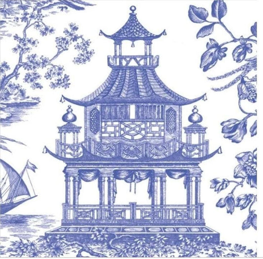 Blue and White Chinoiserie Pagoda Paper Napkin - Cocktail Size