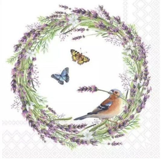 Spring Bird & Lavender Wreath Paper Napkin - Cocktail Size