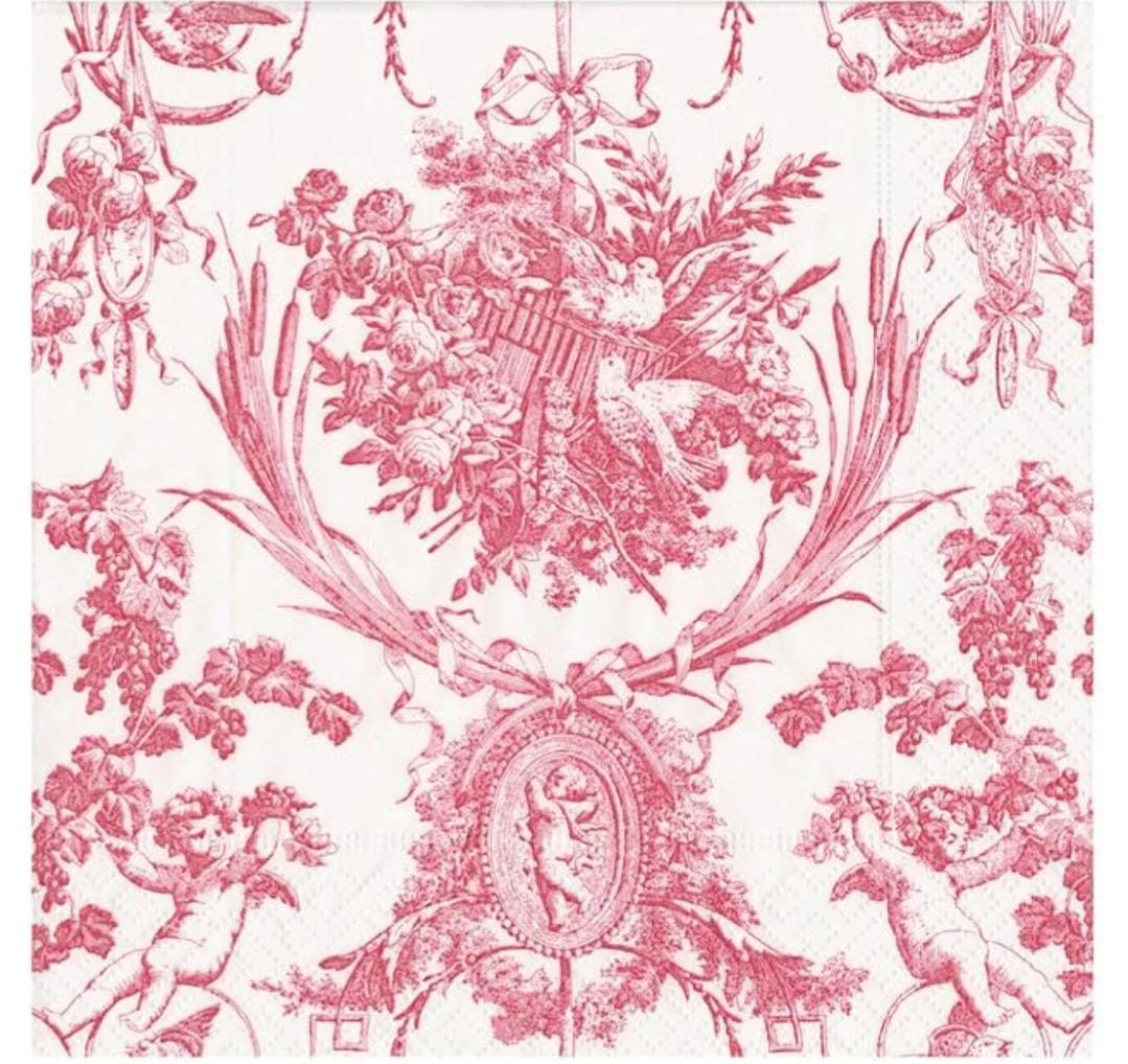 Pink Toile Angel Floral  Paper Napkin - Cocktail Size