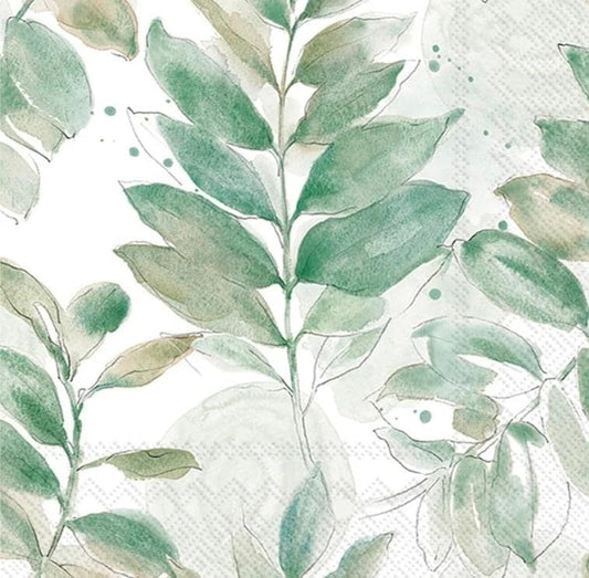 Green Watercolor Leaves Paper Napkin - Cocktail Size