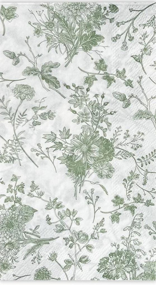 Green Toile Floral Flower Rose Bouquet Paper Napkin -  Guest Size