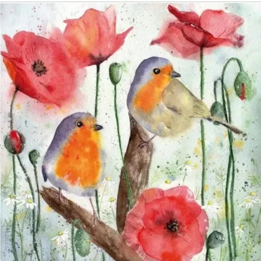 Robin Birds & Poppy Flowers  -Luncheon Size