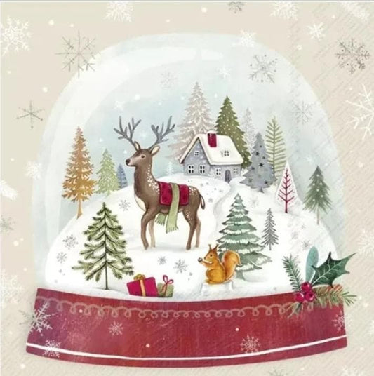 Christmas Reindeer Snow Globe Paper Napkin - Cocktail Size