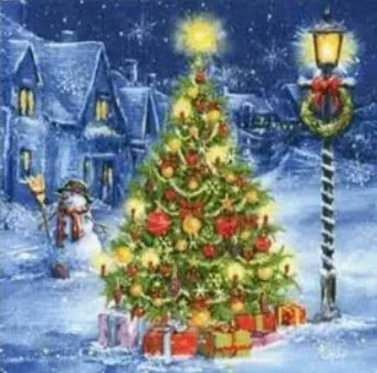 Christmas Tree & Snowman in the Village Paper Napkin - Luncheon Size