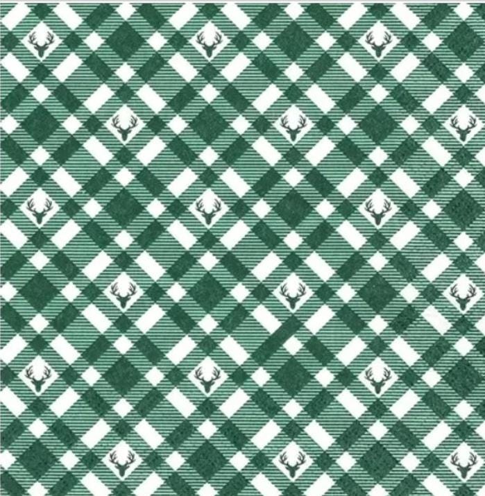Christmas Green Tartan Deer Plaid Paper Napkin - Luncheon Size